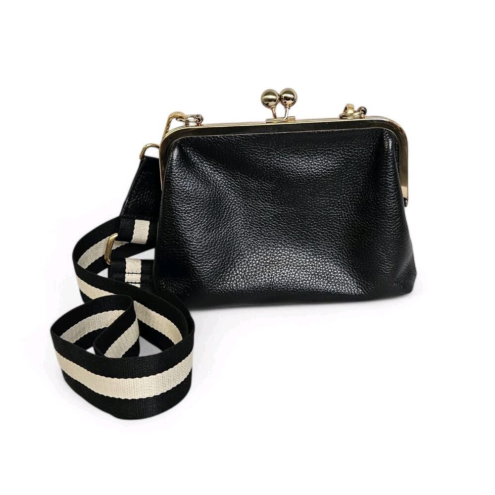 J.W. Hulme Black Pebbled Leather Kiss Lock Smalll Clutch Crossbody Purse Handbag